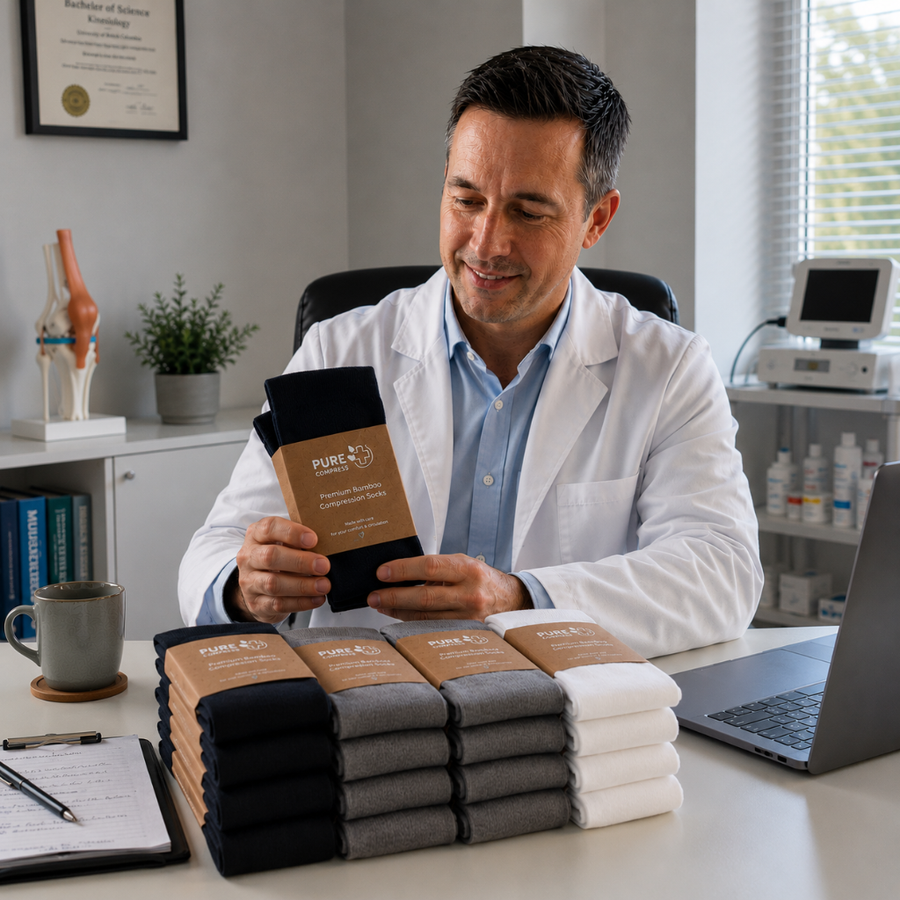 Physiotherapist holding PureCompress bamboo compression socks